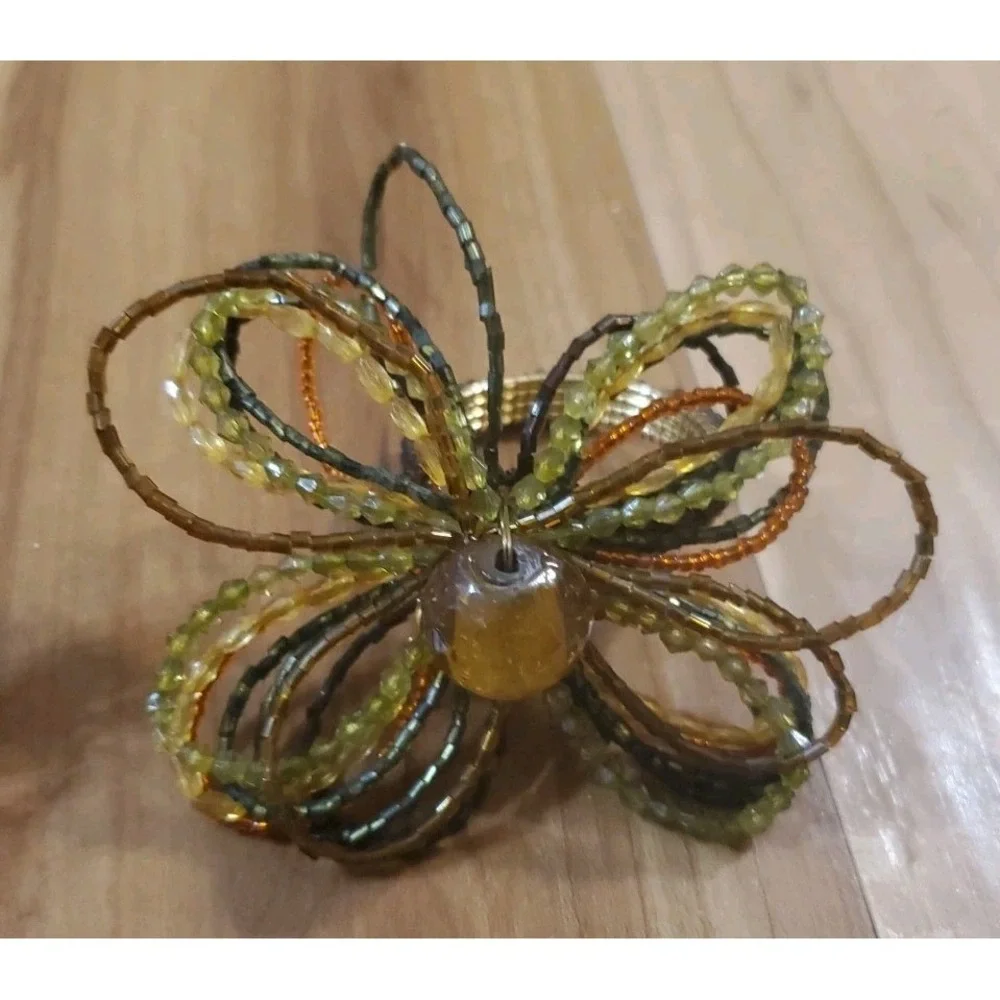 Pier One Beaded Napkin Rings Floral‎ Gold Rust Green Yellow Set Of 4